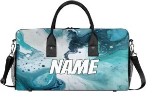 Personalized Turquoise Marble Travel Duffel Bag with Name, Custom Gym Sport Bag Tie Dye Carry On Weekend Overnight Duffel Tote for Men Women