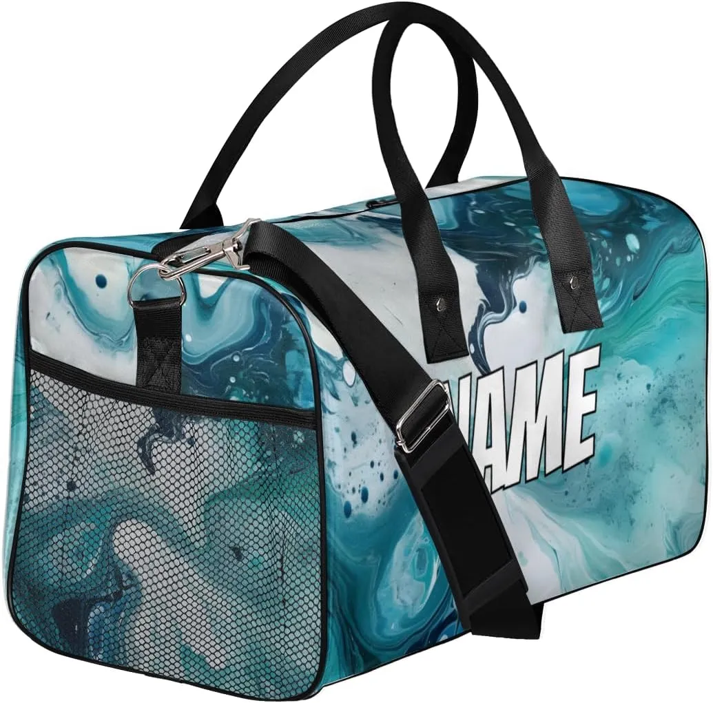 Personalized Turquoise Marble Travel Duffel Bag with Name, Custom Gym Sport Bag Tie Dye Carry On Weekend Overnight Duffel Tote for Men Women