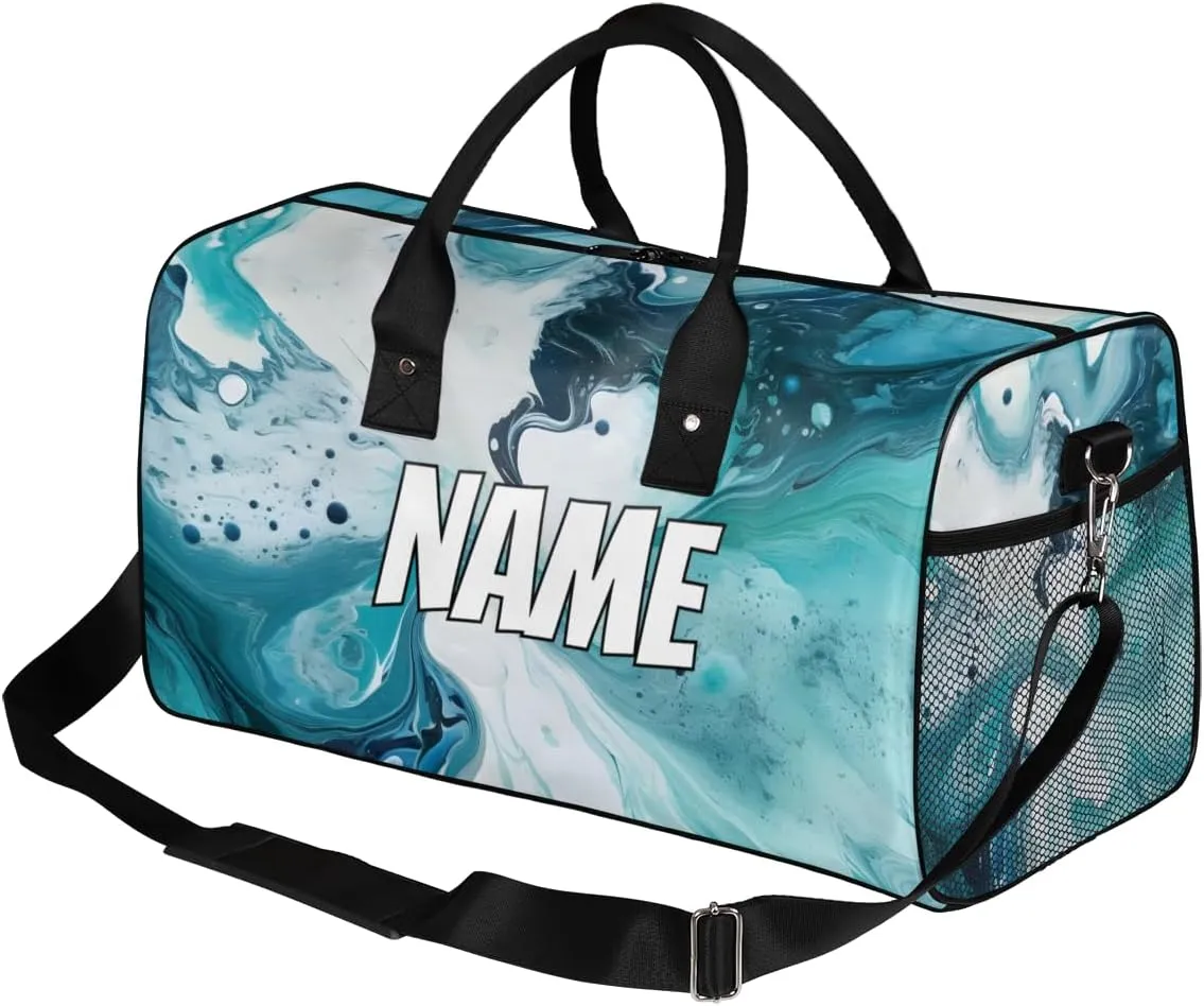 Personalized Turquoise Marble Travel Duffel Bag with Name, Custom Gym Sport Bag Tie Dye Carry On Weekend Overnight Duffel Tote for Men Women