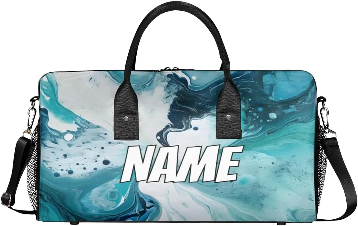 Personalized Turquoise Marble Travel Duffel Bag with Name, Custom Gym Sport Bag Tie Dye Carry On Weekend Overnight Duffel Tote for Men Women
