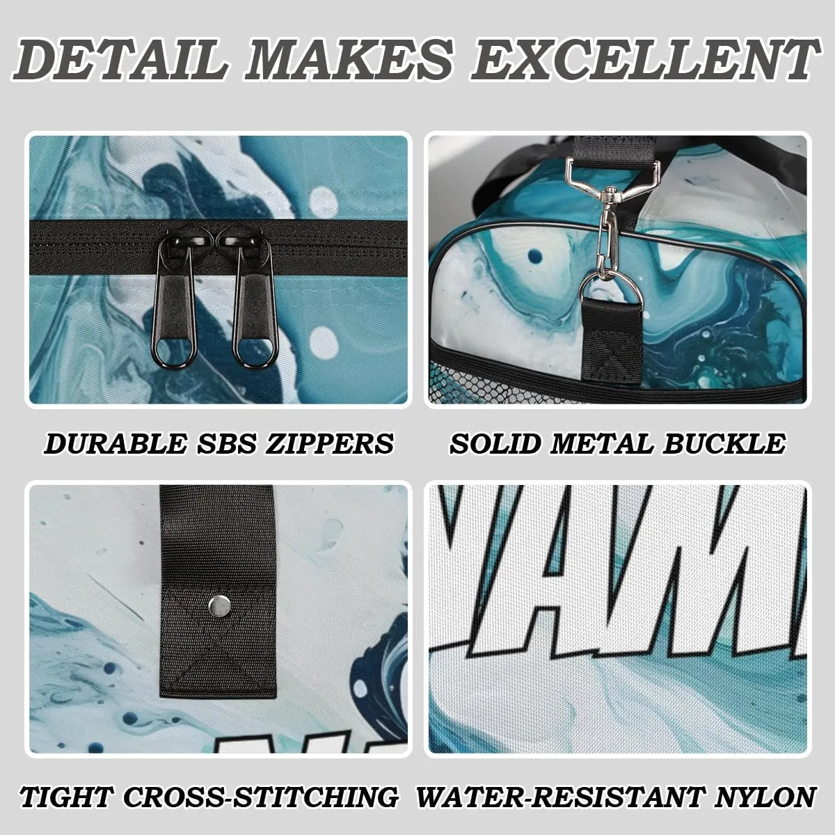 Personalized Turquoise Marble Travel Duffel Bag with Name, Custom Gym Sport Bag Tie Dye Carry On Weekend Overnight Duffel Tote for Men Women