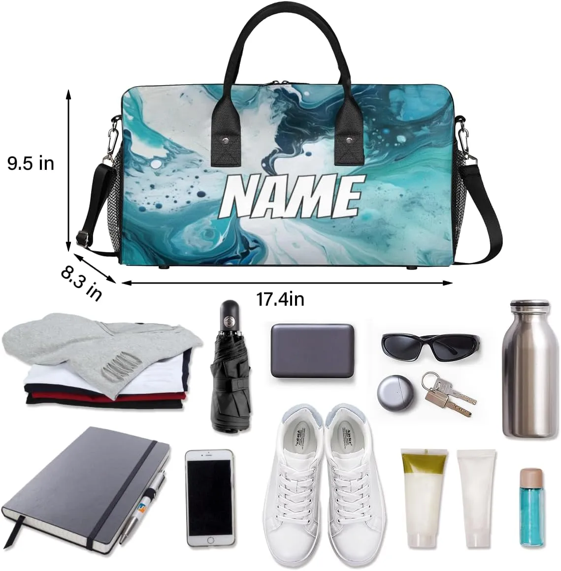 Personalized Turquoise Marble Travel Duffel Bag with Name, Custom Gym Sport Bag Tie Dye Carry On Weekend Overnight Duffel Tote for Men Women