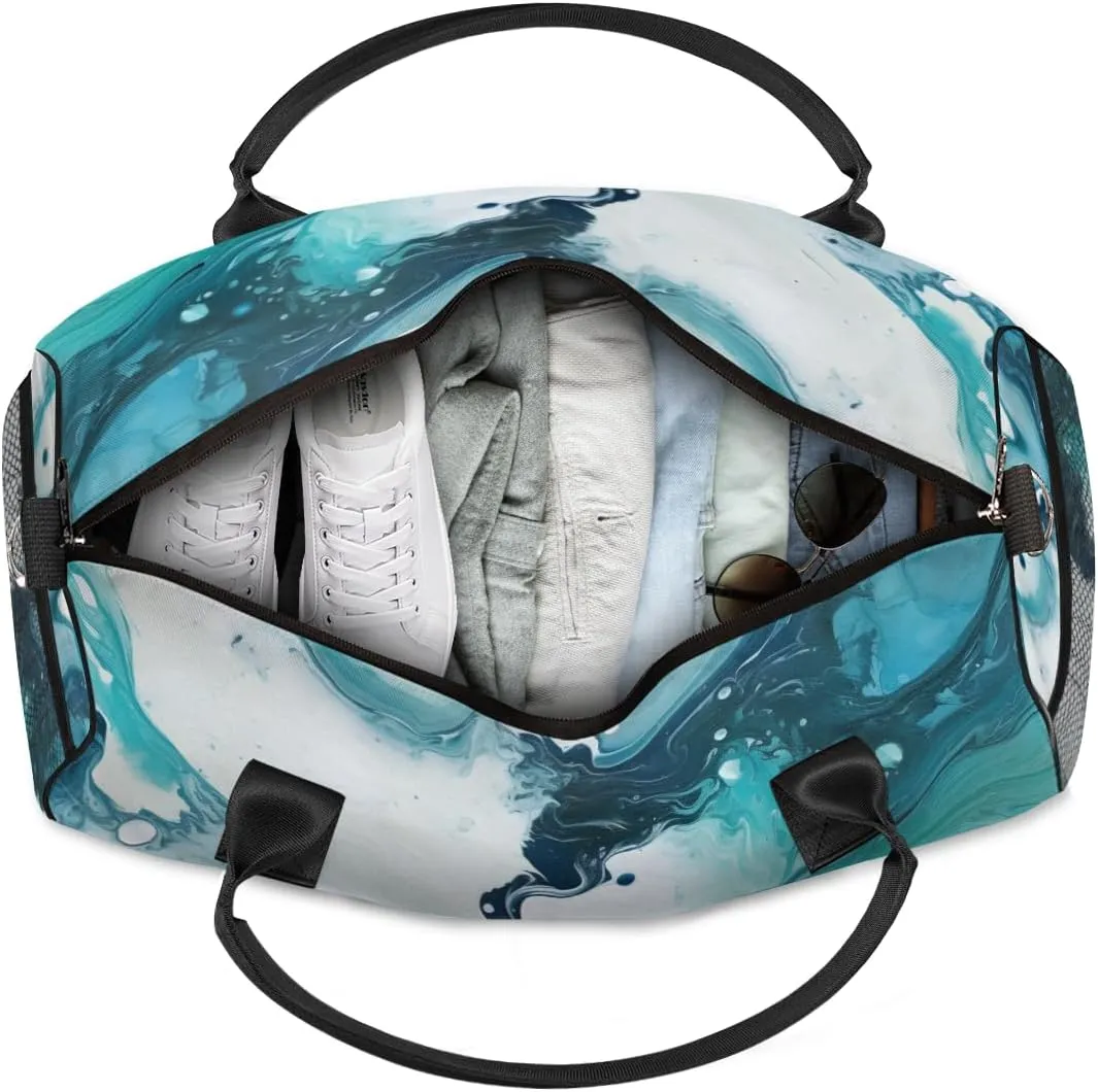 Personalized Turquoise Marble Travel Duffel Bag with Name, Custom Gym Sport Bag Tie Dye Carry On Weekend Overnight Duffel Tote for Men Women