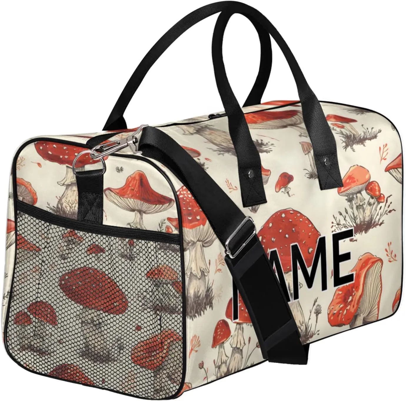 Personalized Various Mushrooms Travel Duffel Bag with Name, Custom Gym Sport Bag Vintage Plant Carry On Weekend Overnight Duffel Bag for Men Women