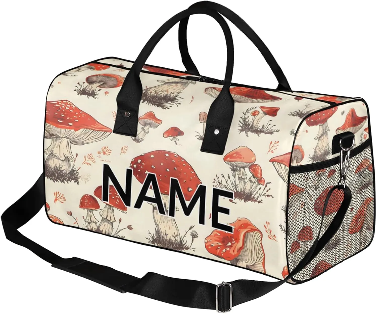Personalized Various Mushrooms Travel Duffel Bag with Name, Custom Gym Sport Bag Vintage Plant Carry On Weekend Overnight Duffel Bag for Men Women