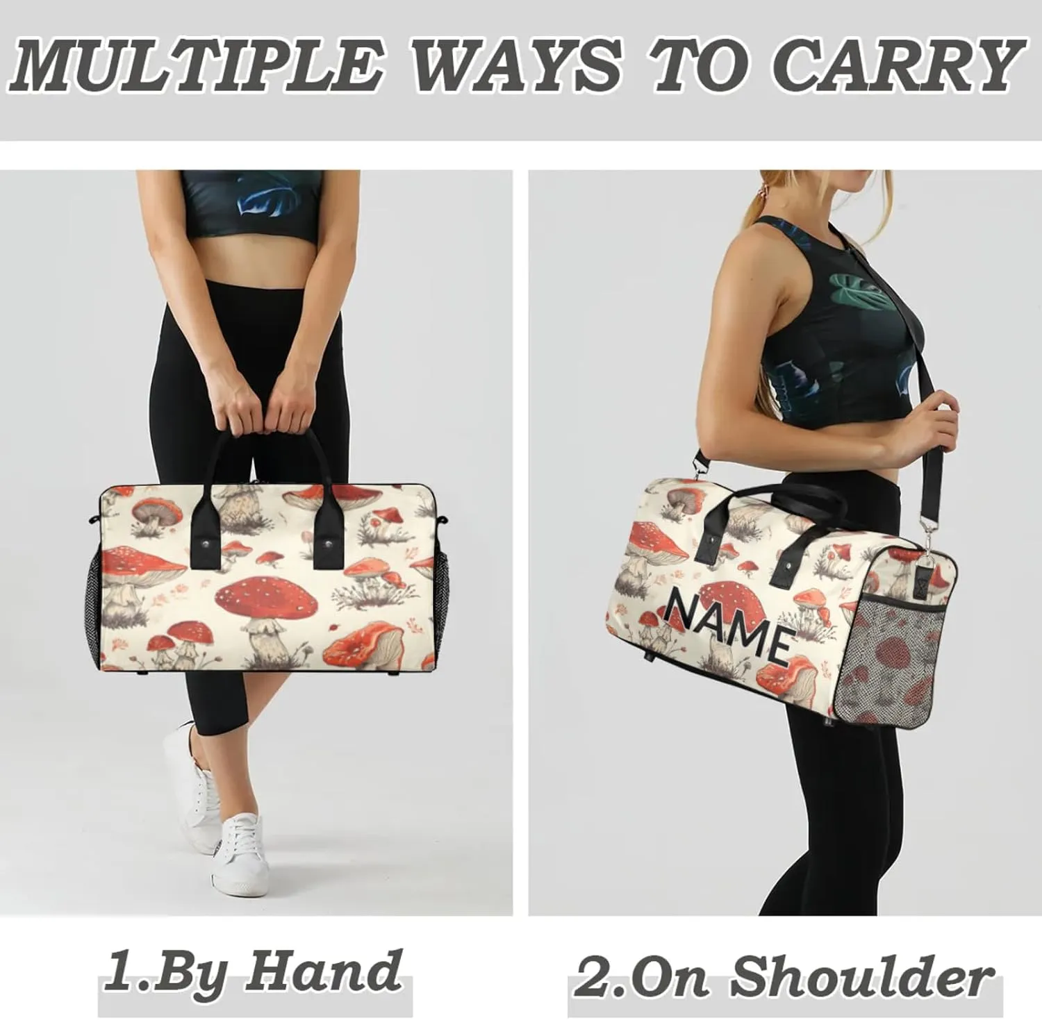 Personalized Various Mushrooms Travel Duffel Bag with Name, Custom Gym Sport Bag Vintage Plant Carry On Weekend Overnight Duffel Bag for Men Women