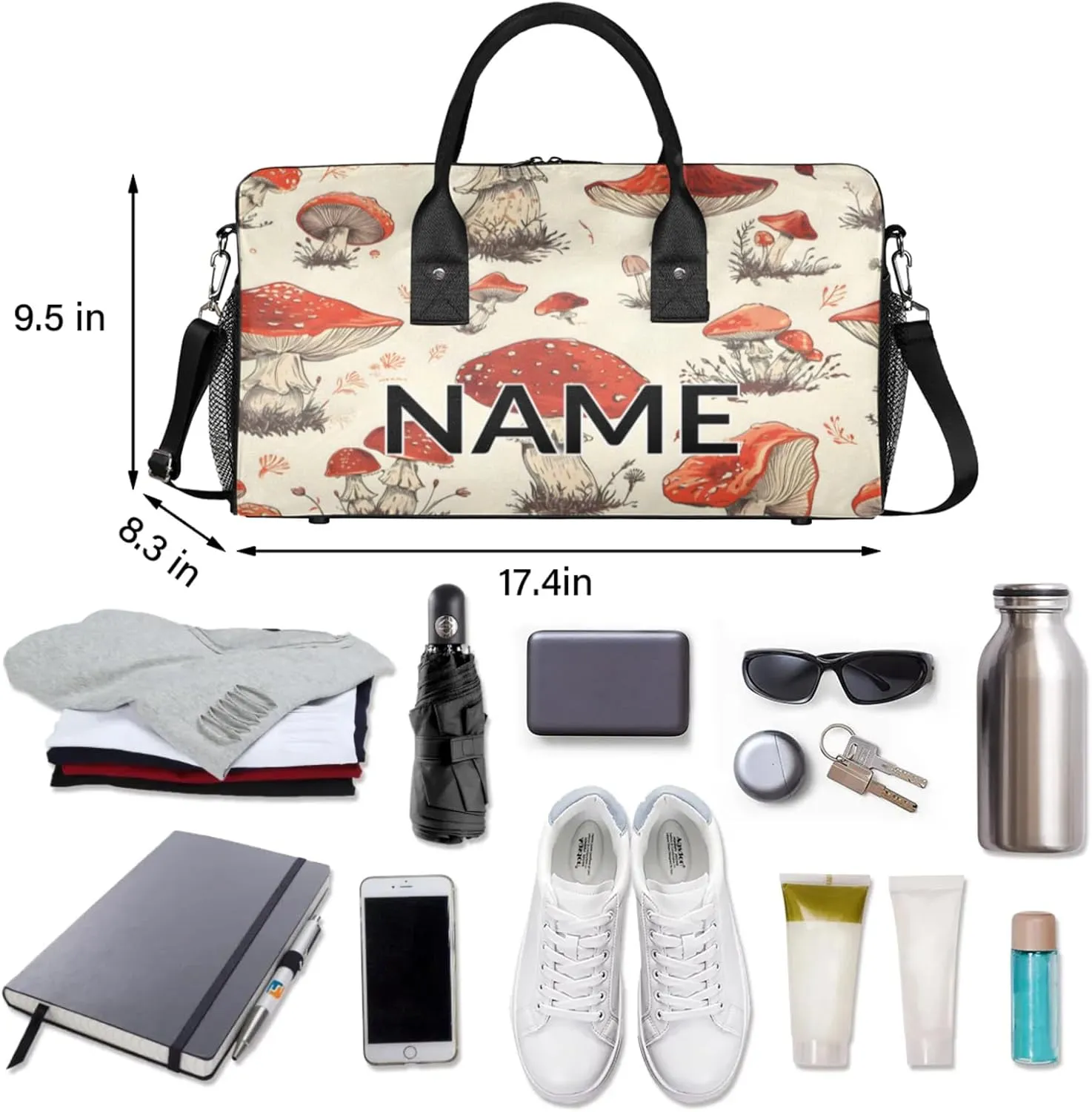 Personalized Various Mushrooms Travel Duffel Bag with Name, Custom Gym Sport Bag Vintage Plant Carry On Weekend Overnight Duffel Bag for Men Women