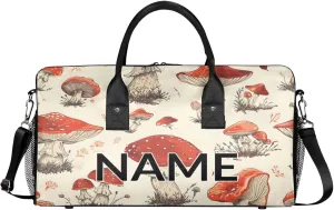 Personalized Various Mushrooms Travel Duffel Bag with Name, Custom Gym Sport Bag Vintage Plant Carry On Weekend Overnight Duffel Bag for Men Women