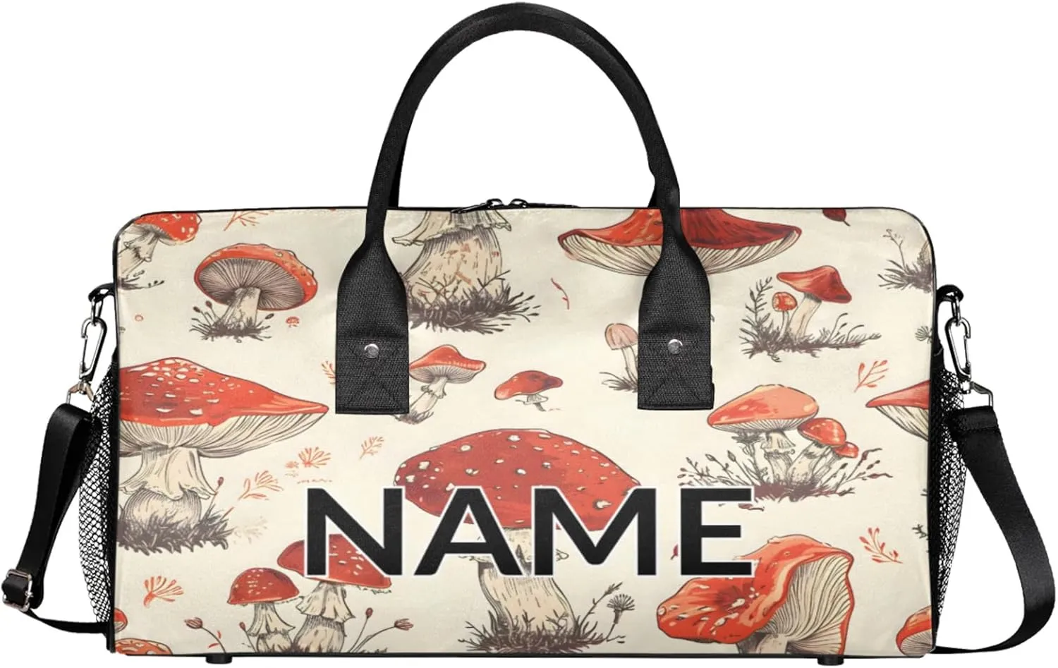 Personalized Various Mushrooms Travel Duffel Bag with Name, Custom Gym Sport Bag Vintage Plant Carry On Weekend Overnight Duffel Bag for Men Women