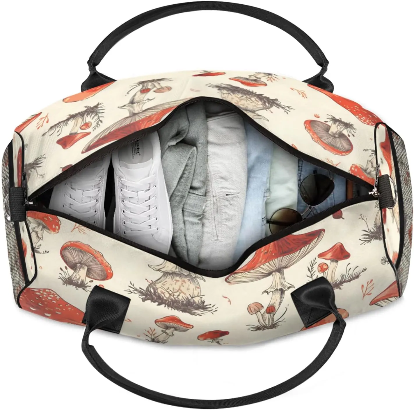Personalized Various Mushrooms Travel Duffel Bag with Name, Custom Gym Sport Bag Vintage Plant Carry On Weekend Overnight Duffel Bag for Men Women