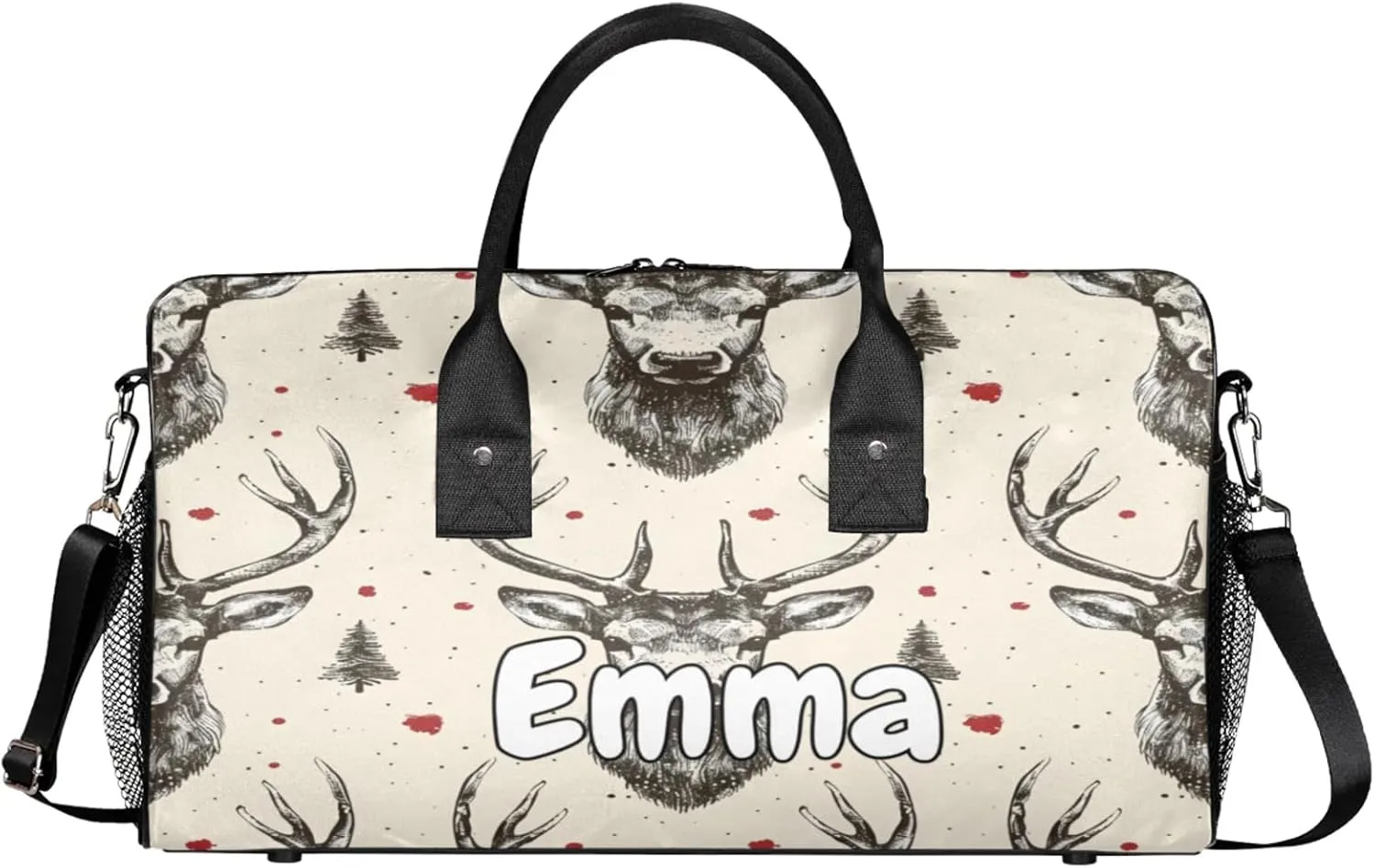 Personalized Vintage Elk Travel Duffel Bag with Name, Custom Gym Sport Bag Beige Grey Carry On Weekend Overnight Duffel Bag for Men Women
