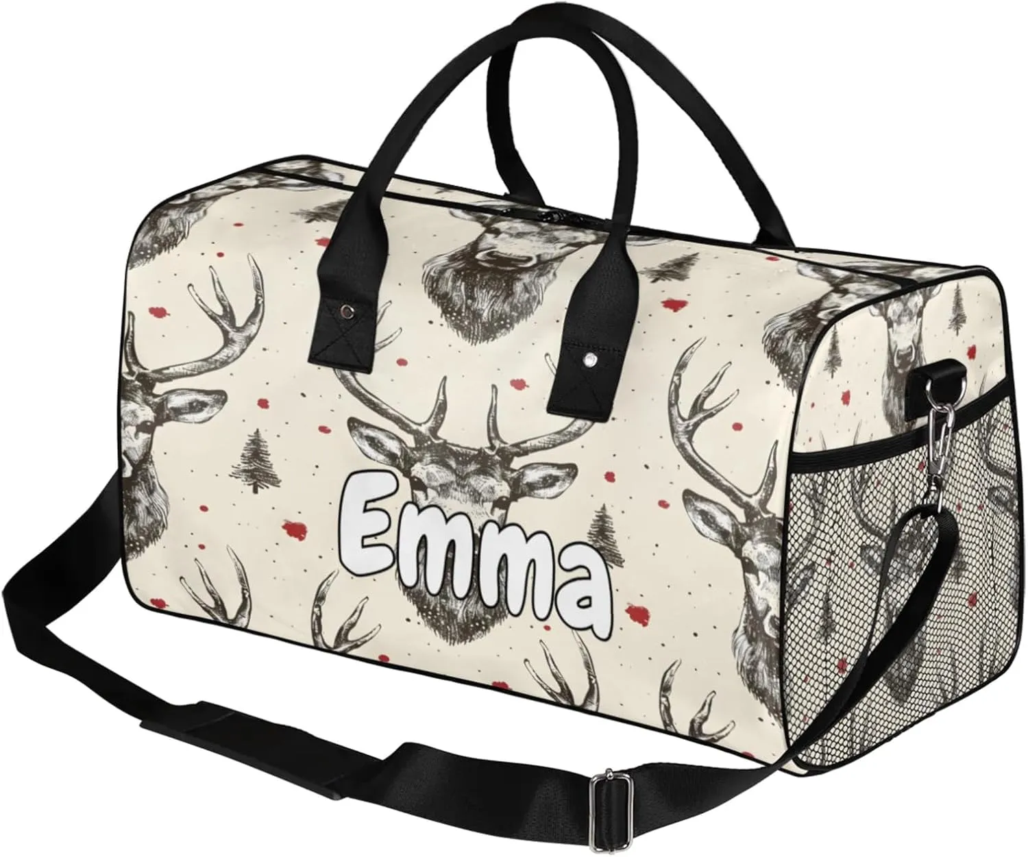 Personalized Vintage Elk Travel Duffel Bag with Name, Custom Gym Sport Bag Beige Grey Carry On Weekend Overnight Duffel Bag for Men Women