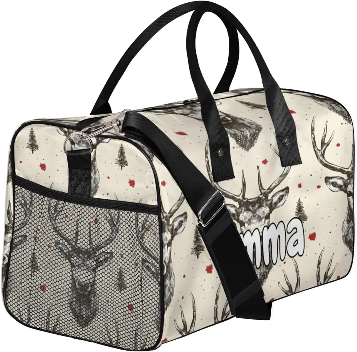 Personalized Vintage Elk Travel Duffel Bag with Name, Custom Gym Sport Bag Beige Grey Carry On Weekend Overnight Duffel Bag for Men Women