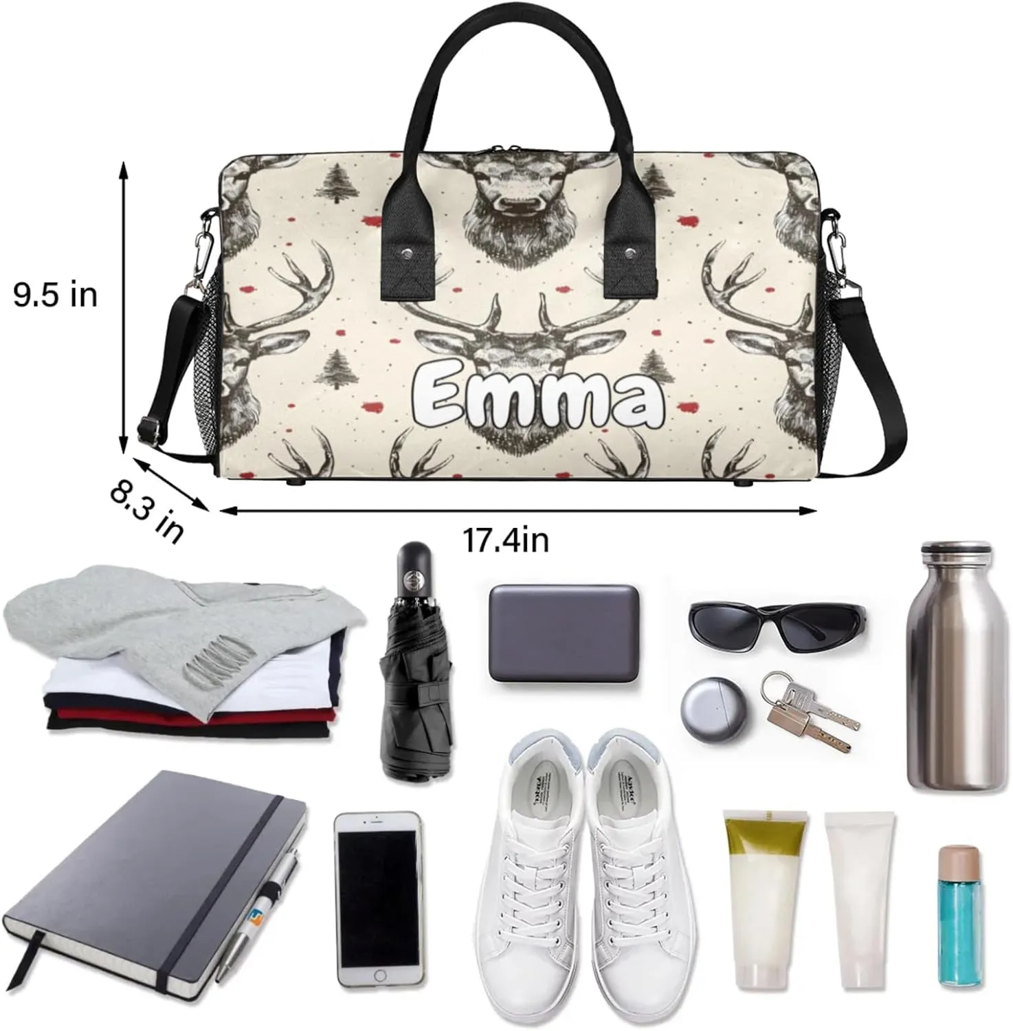 Personalized Vintage Elk Travel Duffel Bag with Name, Custom Gym Sport Bag Beige Grey Carry On Weekend Overnight Duffel Bag for Men Women
