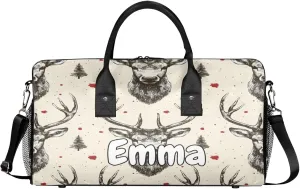 Personalized Vintage Elk Travel Duffel Bag with Name, Custom Gym Sport Bag Beige Grey Carry On Weekend Overnight Duffel Bag for Men Women