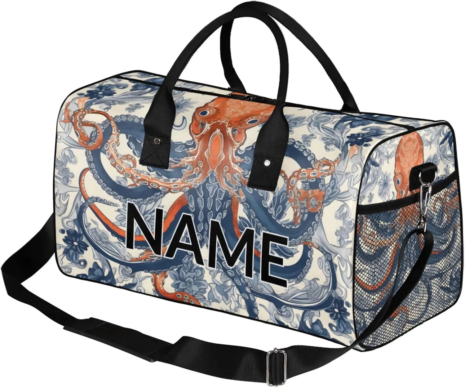 Personalized Vintage Octopus Travel Duffel Bag with Name, Custom Gym Sport Bag Ocean Beach Carry On Weekend Overnight Duffel Bag for Men Women