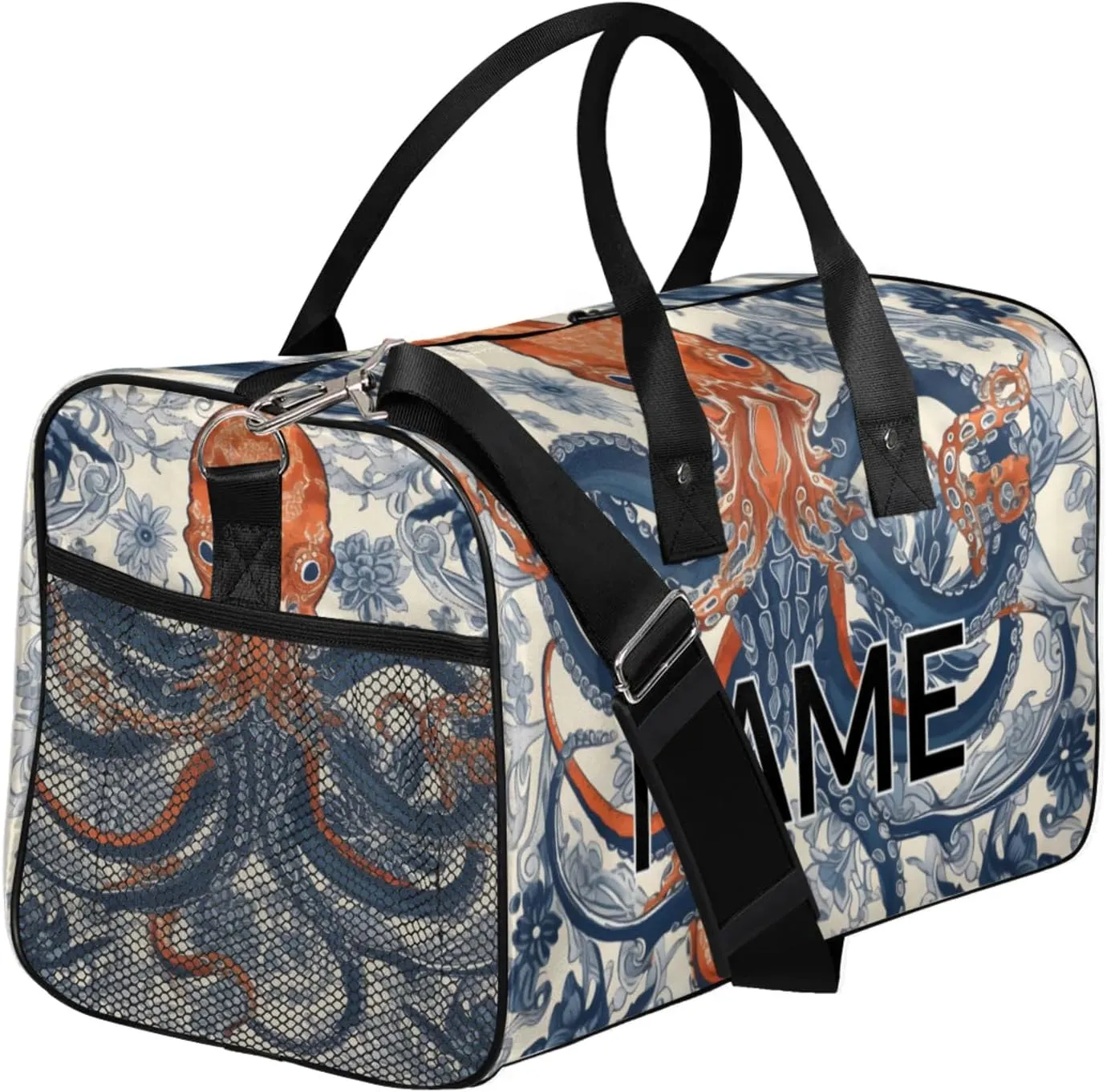 Personalized Vintage Octopus Travel Duffel Bag with Name, Custom Gym Sport Bag Ocean Beach Carry On Weekend Overnight Duffel Bag for Men Women