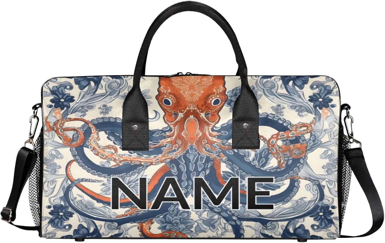 Personalized Vintage Octopus Travel Duffel Bag with Name, Custom Gym Sport Bag Ocean Beach Carry On Weekend Overnight Duffel Bag for Men Women