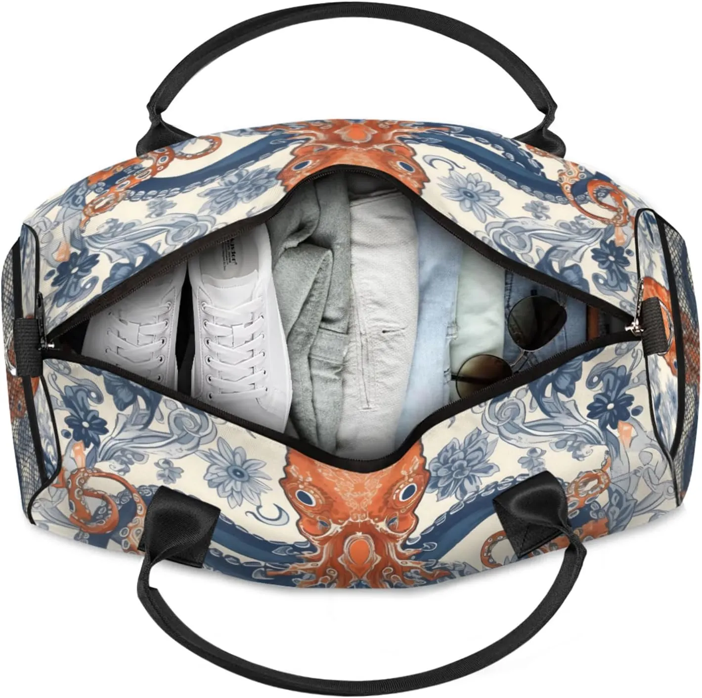 Personalized Vintage Octopus Travel Duffel Bag with Name, Custom Gym Sport Bag Ocean Beach Carry On Weekend Overnight Duffel Bag for Men Women