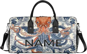 Personalized Vintage Octopus Travel Duffel Bag with Name, Custom Gym Sport Bag Ocean Beach Carry On Weekend Overnight Duffel Bag for Men Women