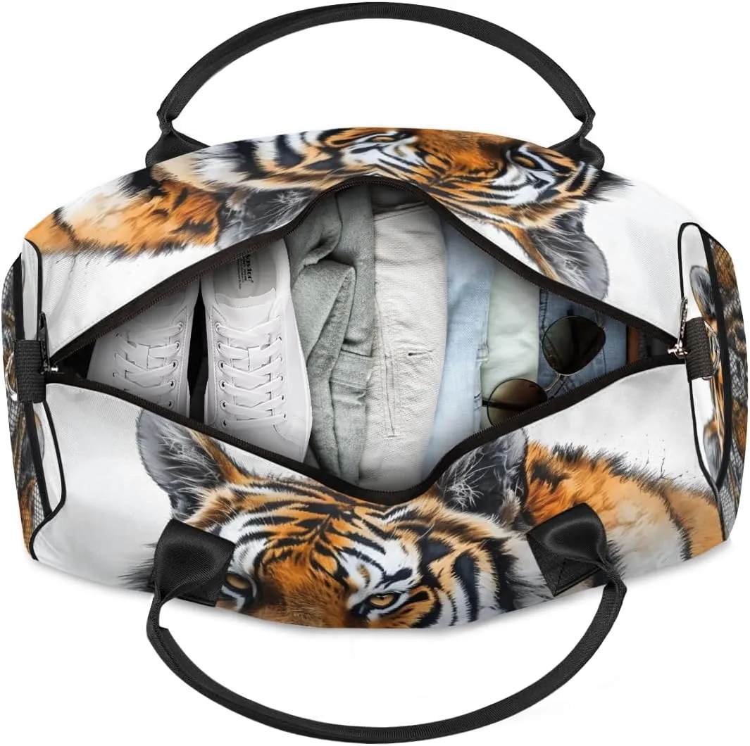 Personalized Vintage Tigers Travel Duffel Bag with Name, Custom Gym Sport Bag Animal Pattern Carry On Weekend Overnight Duffel Bag for Men Women