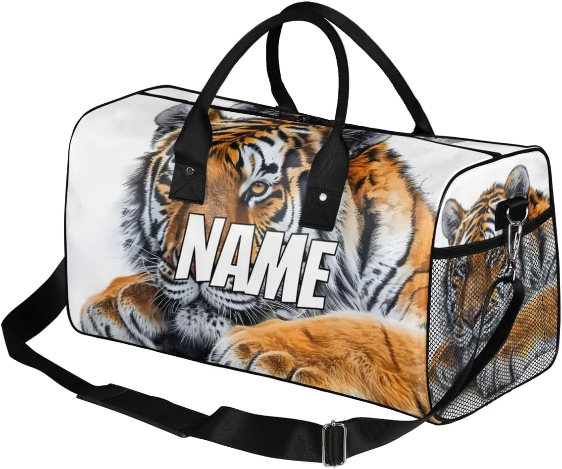 Personalized Vintage Tigers Travel Duffel Bag with Name, Custom Gym Sport Bag Animal Pattern Carry On Weekend Overnight Duffel Bag for Men Women