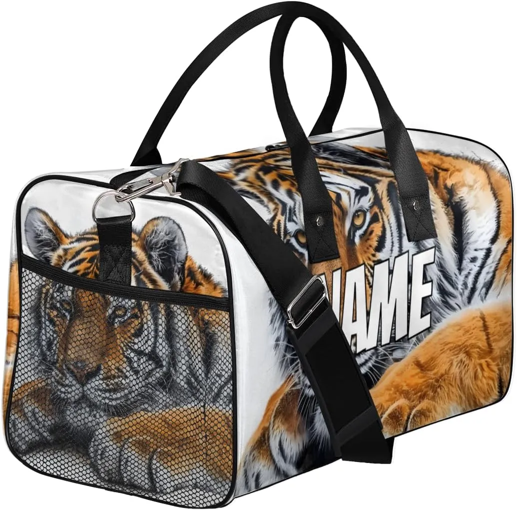 Personalized Vintage Tigers Travel Duffel Bag with Name, Custom Gym Sport Bag Animal Pattern Carry On Weekend Overnight Duffel Bag for Men Women