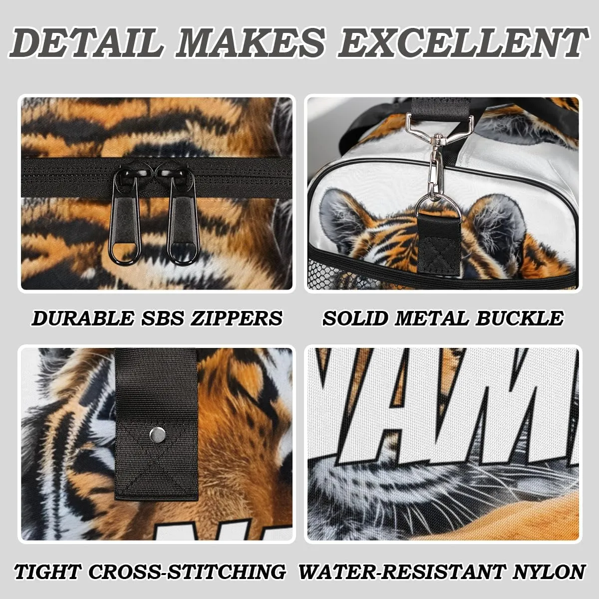 Personalized Vintage Tigers Travel Duffel Bag with Name, Custom Gym Sport Bag Animal Pattern Carry On Weekend Overnight Duffel Bag for Men Women