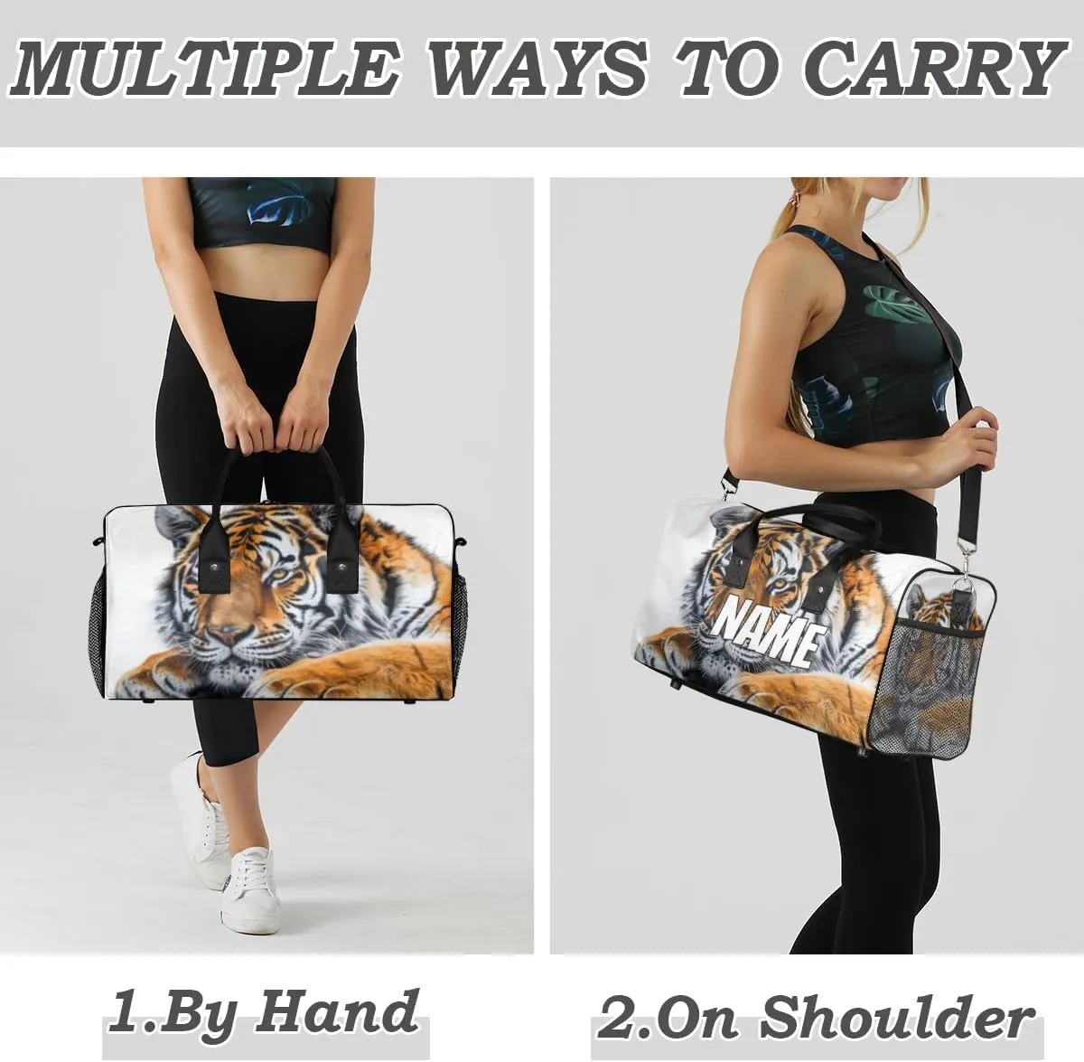 Personalized Vintage Tigers Travel Duffel Bag with Name, Custom Gym Sport Bag Animal Pattern Carry On Weekend Overnight Duffel Bag for Men Women