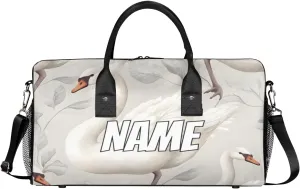 Personalized White Goose Travel Duffel Bag with Name, Custom Gym Sport Bag Farm Animal Carry On Weekend Overnight Duffel Bag for Men Women
