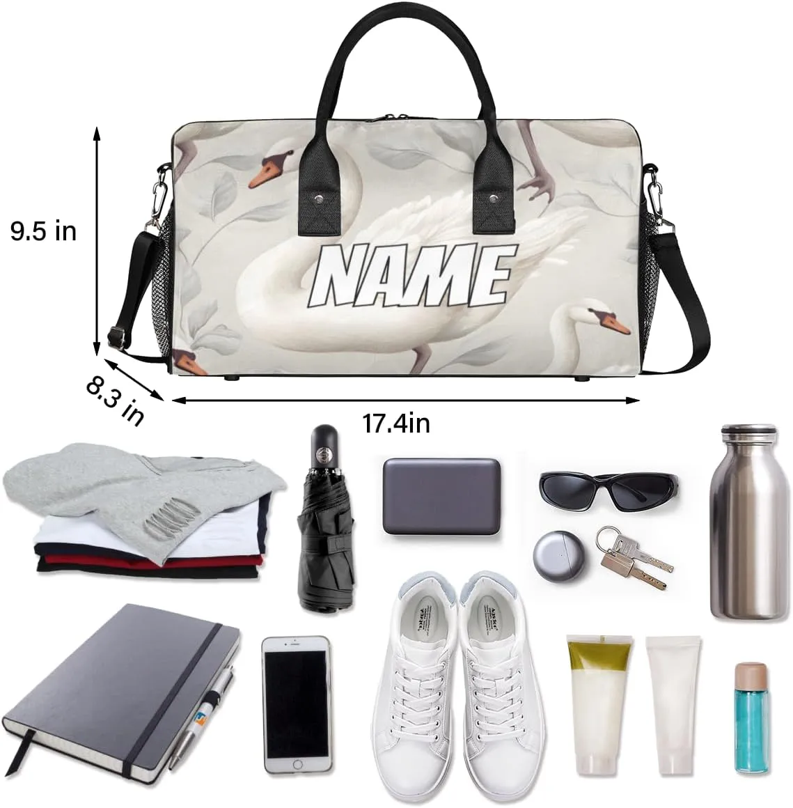 Personalized White Goose Travel Duffel Bag with Name, Custom Gym Sport Bag Farm Animal Carry On Weekend Overnight Duffel Bag for Men Women
