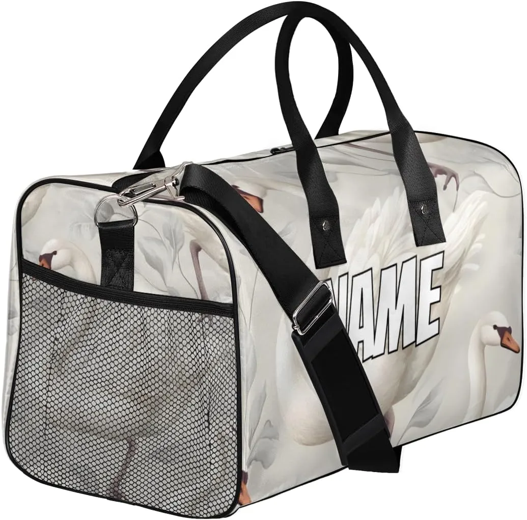 Personalized White Goose Travel Duffel Bag with Name, Custom Gym Sport Bag Farm Animal Carry On Weekend Overnight Duffel Bag for Men Women