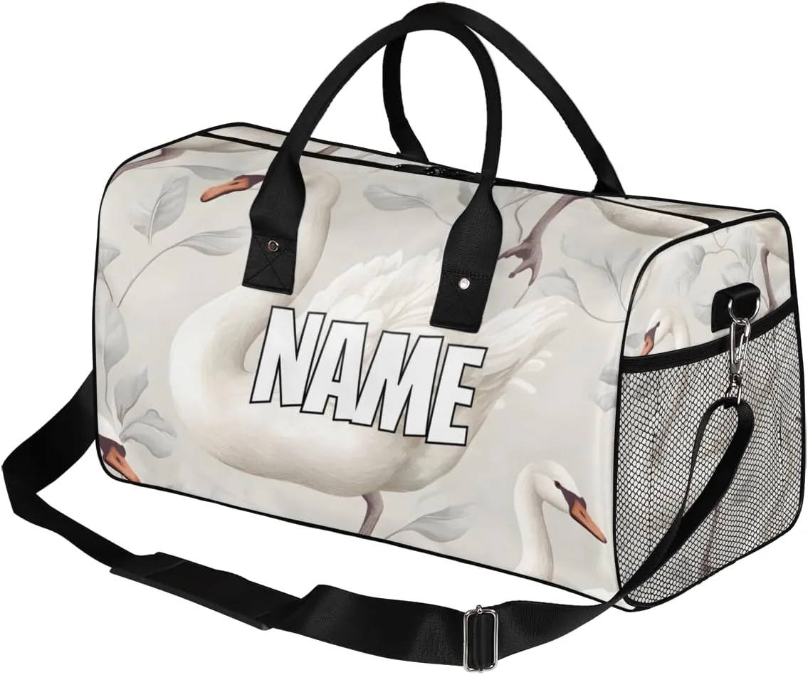 Personalized White Goose Travel Duffel Bag with Name, Custom Gym Sport Bag Farm Animal Carry On Weekend Overnight Duffel Bag for Men Women