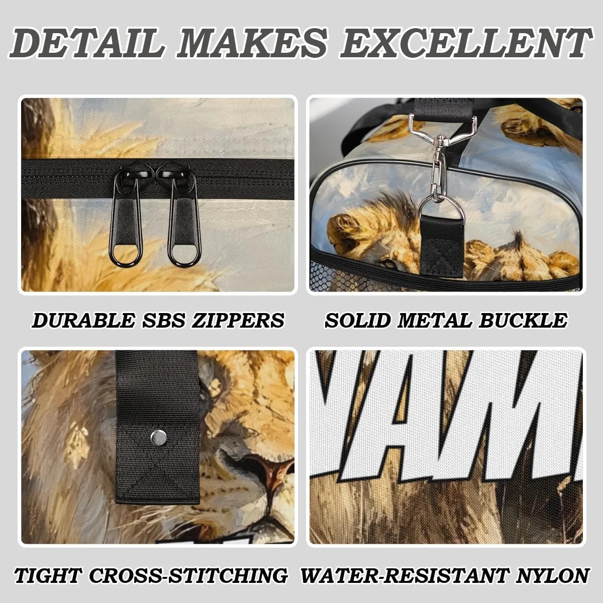 Personalized Wildlife Lion Travel Duffel Bag with Name, Custom Gym Sport Bag Tropical African Carry On Weekend Overnight Duffel Bag for Men Women
