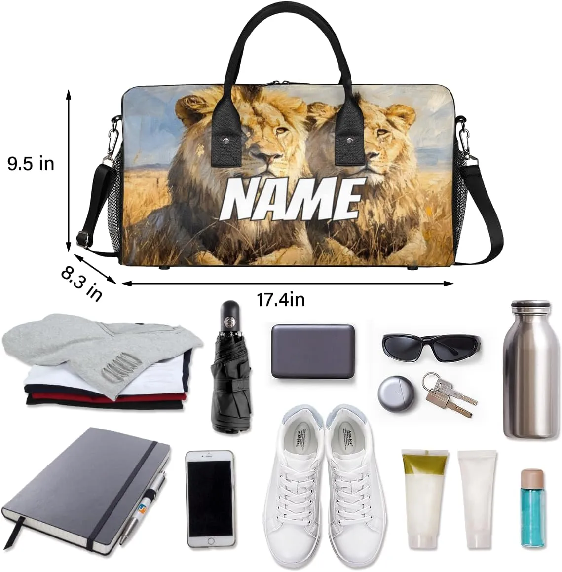 Personalized Wildlife Lion Travel Duffel Bag with Name, Custom Gym Sport Bag Tropical African Carry On Weekend Overnight Duffel Bag for Men Women