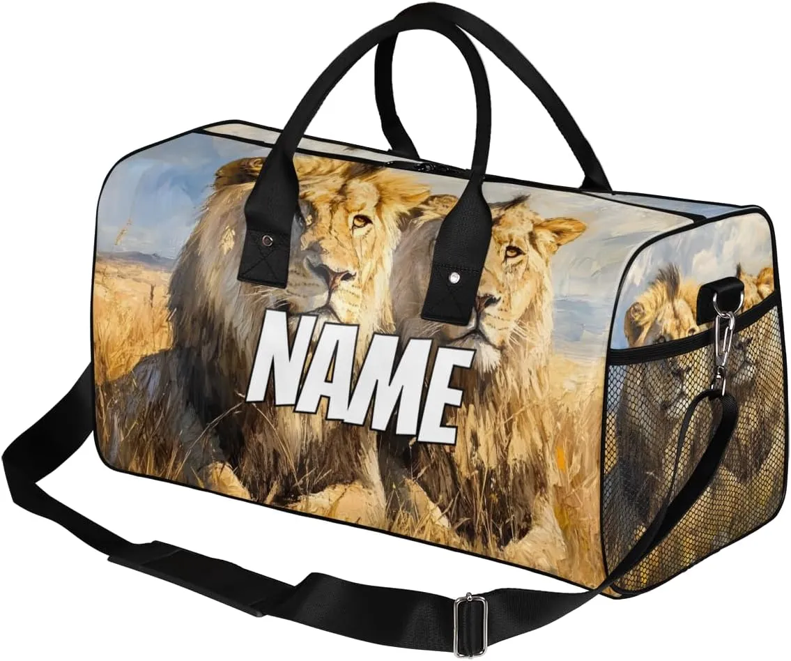 Personalized Wildlife Lion Travel Duffel Bag with Name, Custom Gym Sport Bag Tropical African Carry On Weekend Overnight Duffel Bag for Men Women