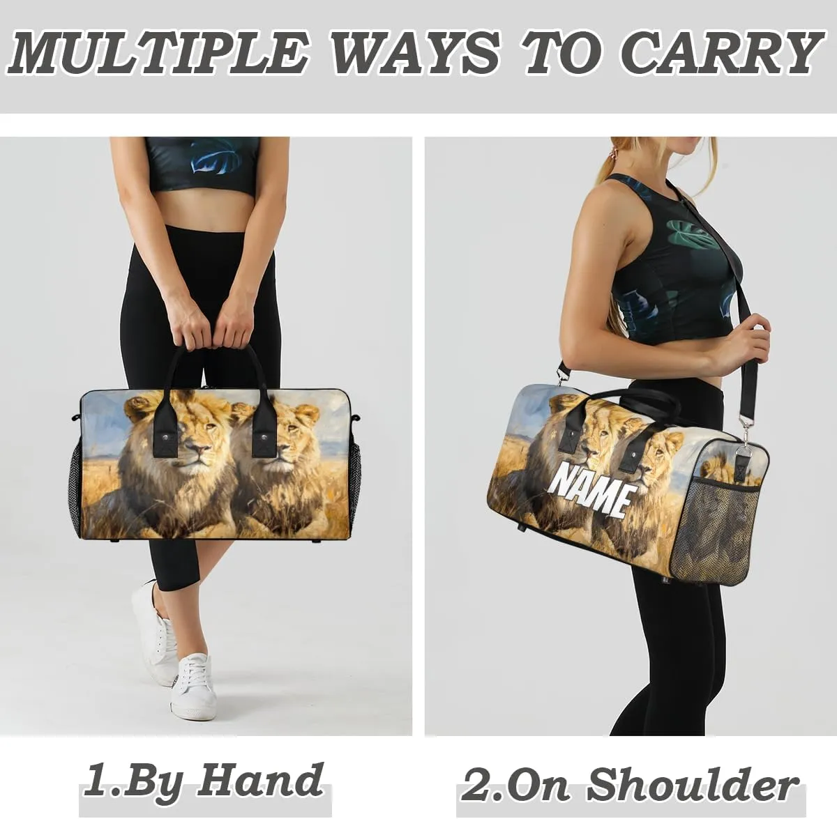 Personalized Wildlife Lion Travel Duffel Bag with Name, Custom Gym Sport Bag Tropical African Carry On Weekend Overnight Duffel Bag for Men Women