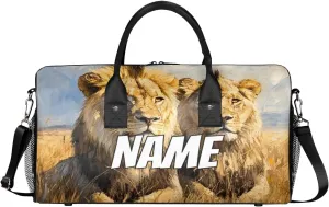 Personalized Wildlife Lion Travel Duffel Bag with Name, Custom Gym Sport Bag Tropical African Carry On Weekend Overnight Duffel Bag for Men Women