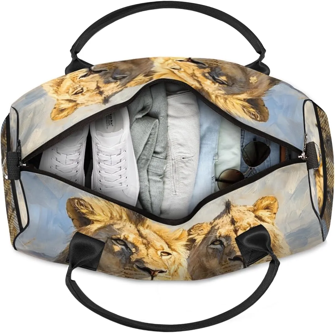 Personalized Wildlife Lion Travel Duffel Bag with Name, Custom Gym Sport Bag Tropical African Carry On Weekend Overnight Duffel Bag for Men Women
