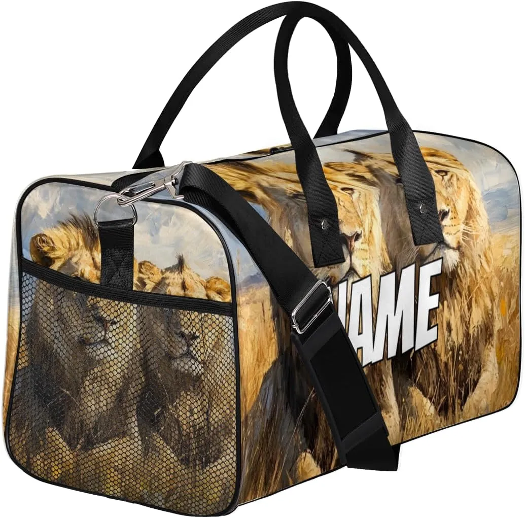 Personalized Wildlife Lion Travel Duffel Bag with Name, Custom Gym Sport Bag Tropical African Carry On Weekend Overnight Duffel Bag for Men Women