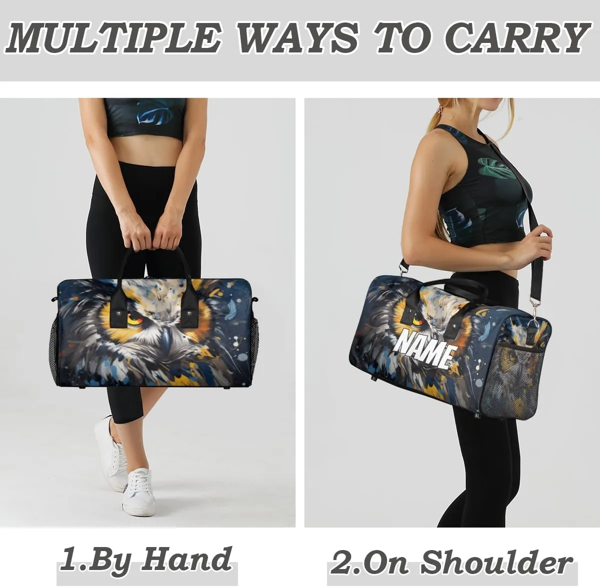 Personalized Wildlife Owl Travel Duffel Bag with Name, Custom Gym Sport Bag Boho Print Carry On Weekend Overnight Duffel Bag for Men Women