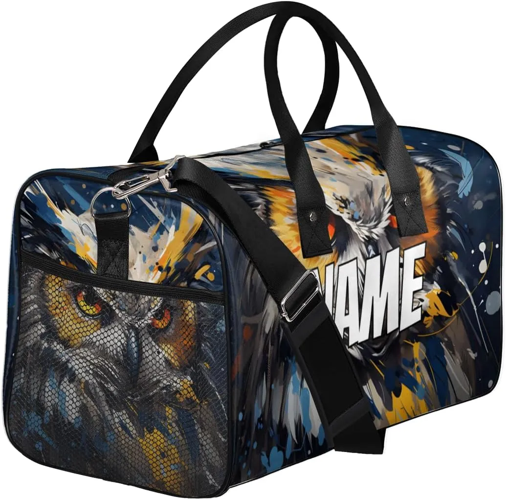 Personalized Wildlife Owl Travel Duffel Bag with Name, Custom Gym Sport Bag Boho Print Carry On Weekend Overnight Duffel Bag for Men Women