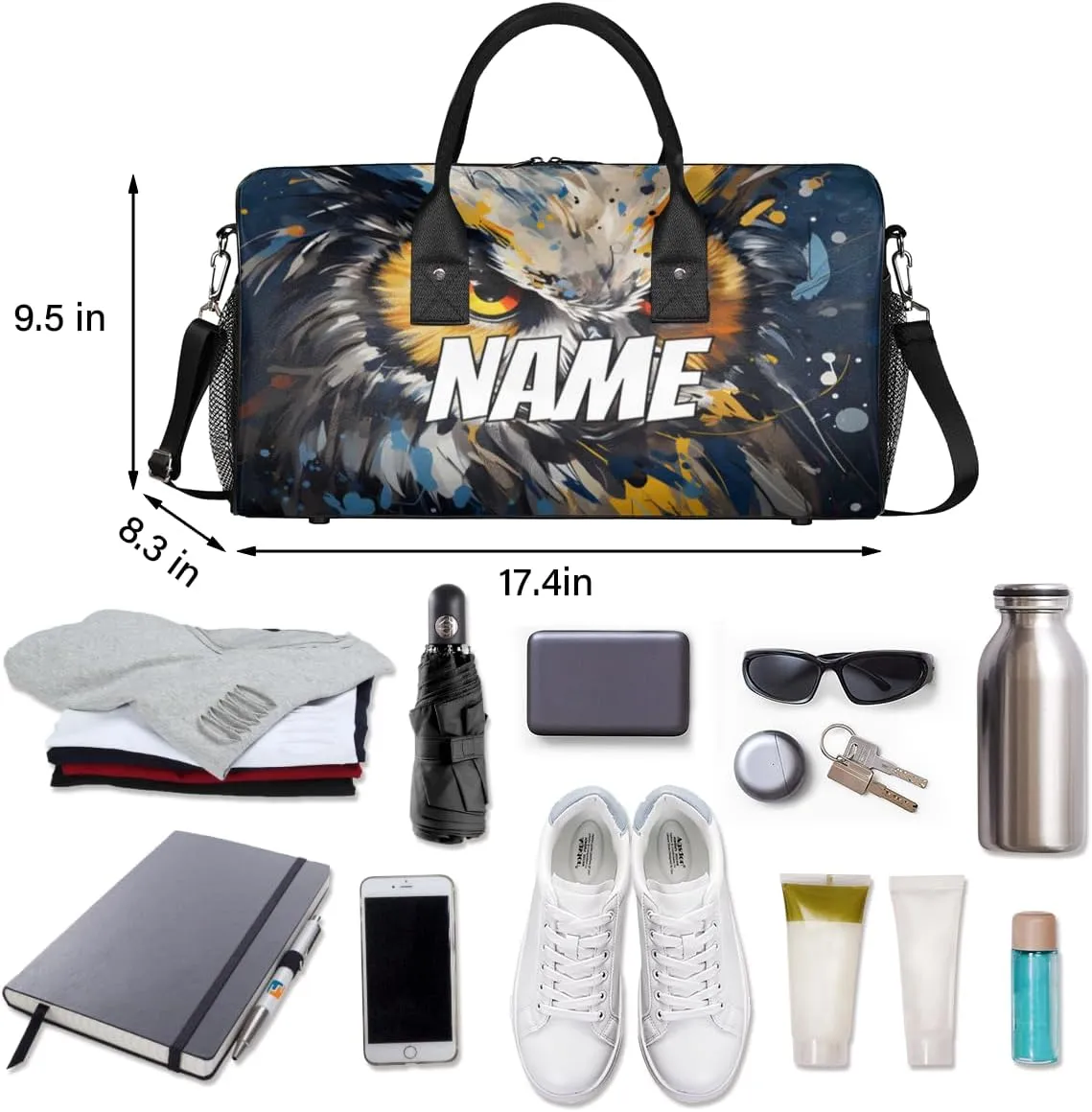 Personalized Wildlife Owl Travel Duffel Bag with Name, Custom Gym Sport Bag Boho Print Carry On Weekend Overnight Duffel Bag for Men Women