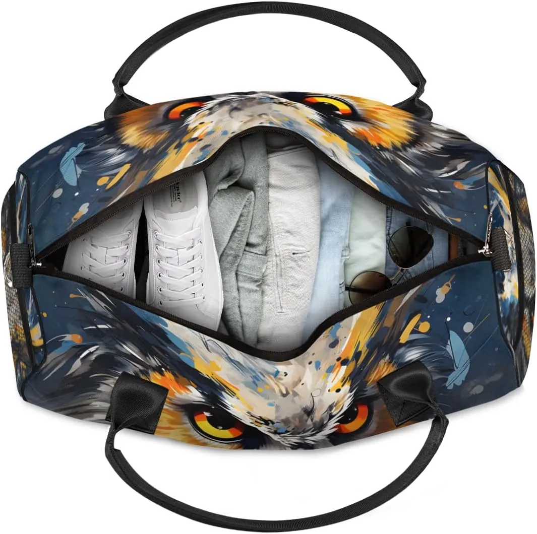 Personalized Wildlife Owl Travel Duffel Bag with Name, Custom Gym Sport Bag Boho Print Carry On Weekend Overnight Duffel Bag for Men Women
