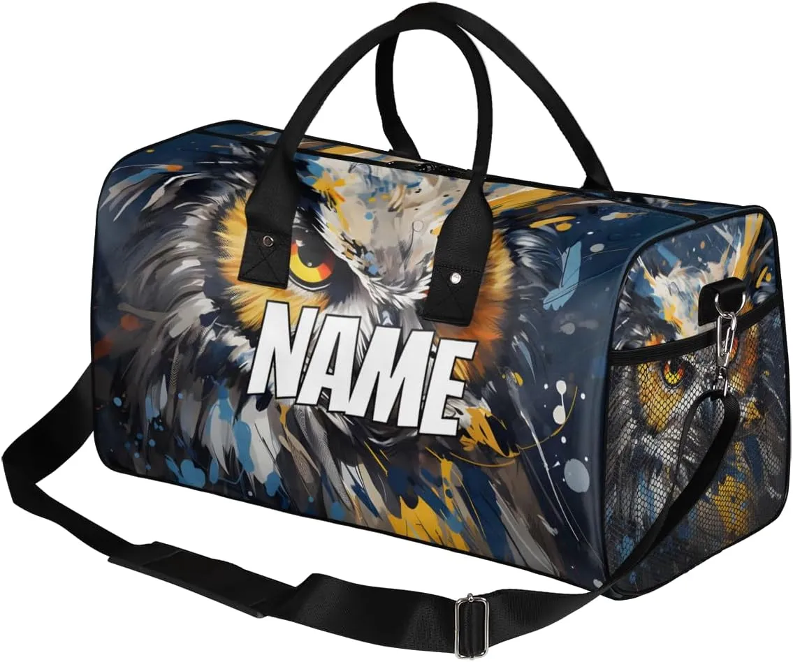Personalized Wildlife Owl Travel Duffel Bag with Name, Custom Gym Sport Bag Boho Print Carry On Weekend Overnight Duffel Bag for Men Women