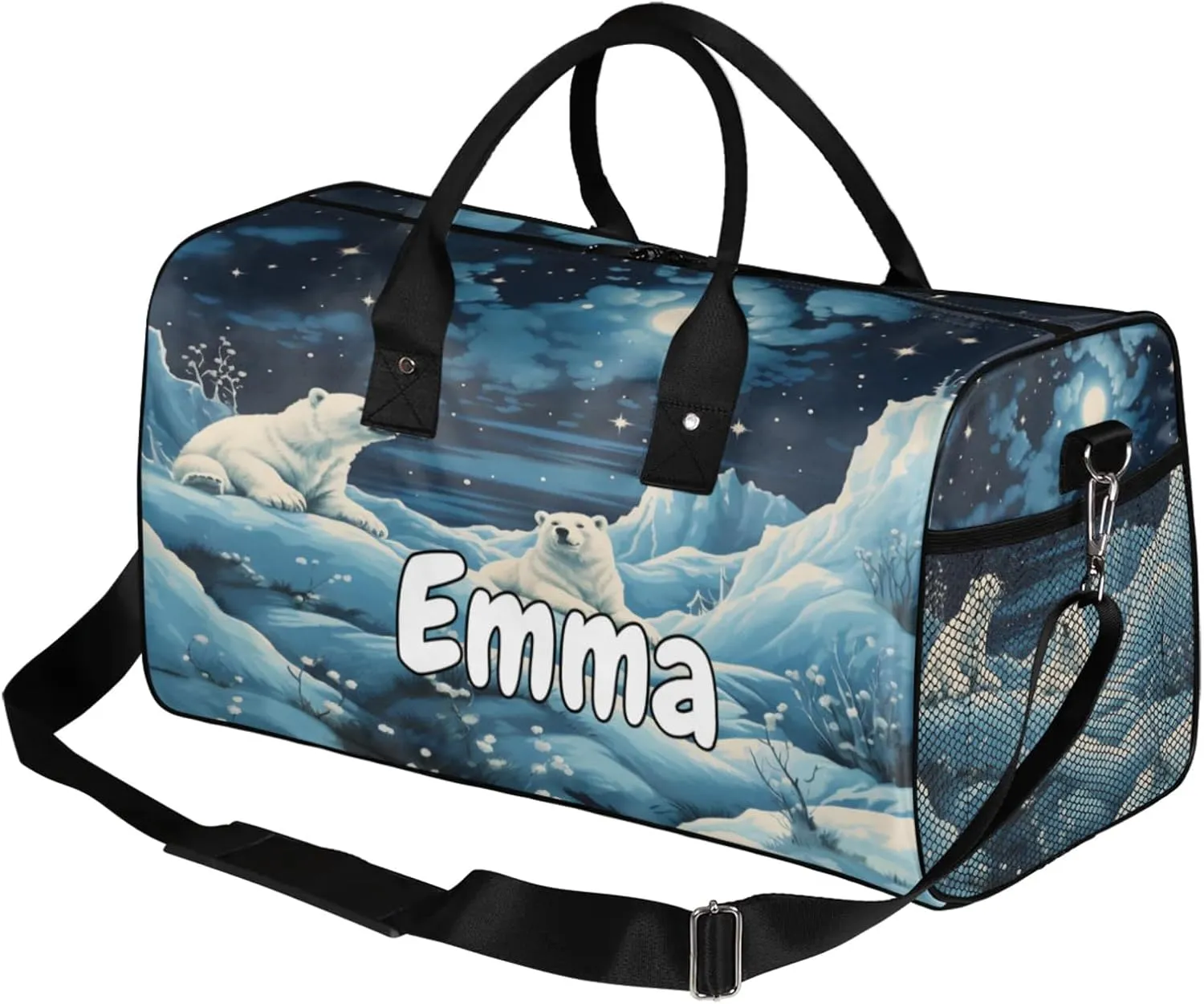 Personalized Winter Bear Travel Duffel Bag with Name, Custom Gym Sport Bag Wildlife Animals Carry On Weekend Overnight Duffel Bag for Men Women