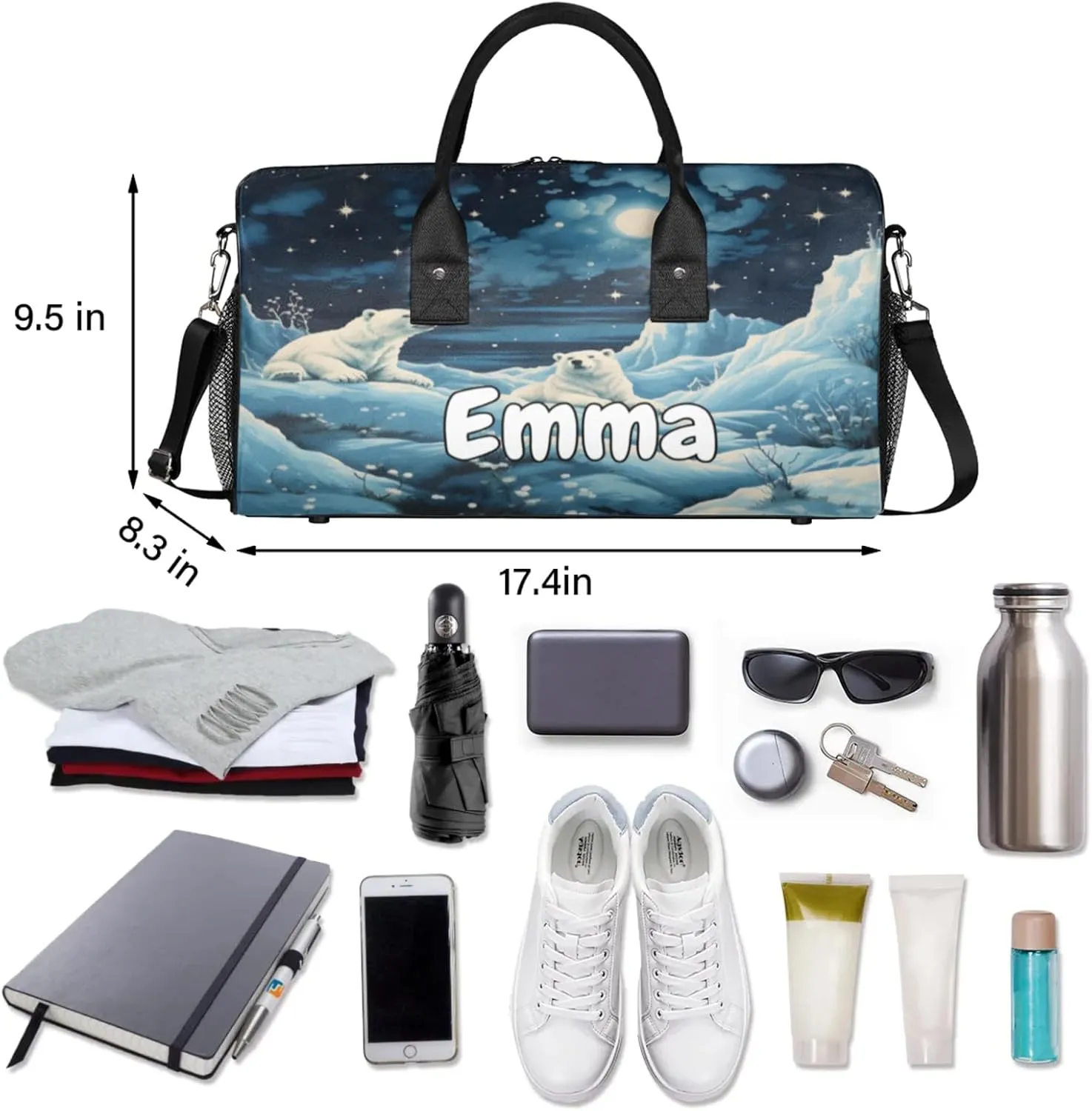 Personalized Winter Bear Travel Duffel Bag with Name, Custom Gym Sport Bag Wildlife Animals Carry On Weekend Overnight Duffel Bag for Men Women