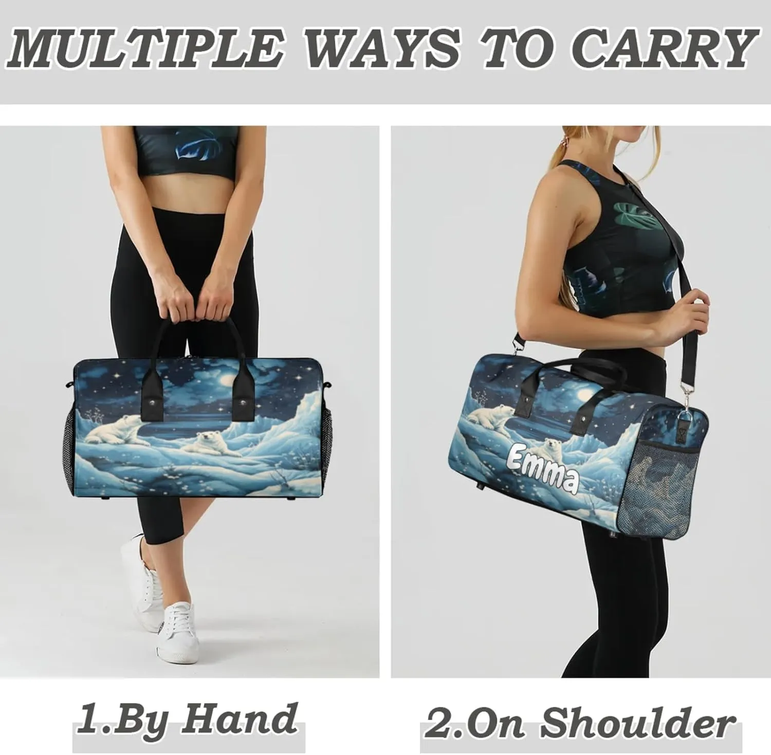 Personalized Winter Bear Travel Duffel Bag with Name, Custom Gym Sport Bag Wildlife Animals Carry On Weekend Overnight Duffel Bag for Men Women