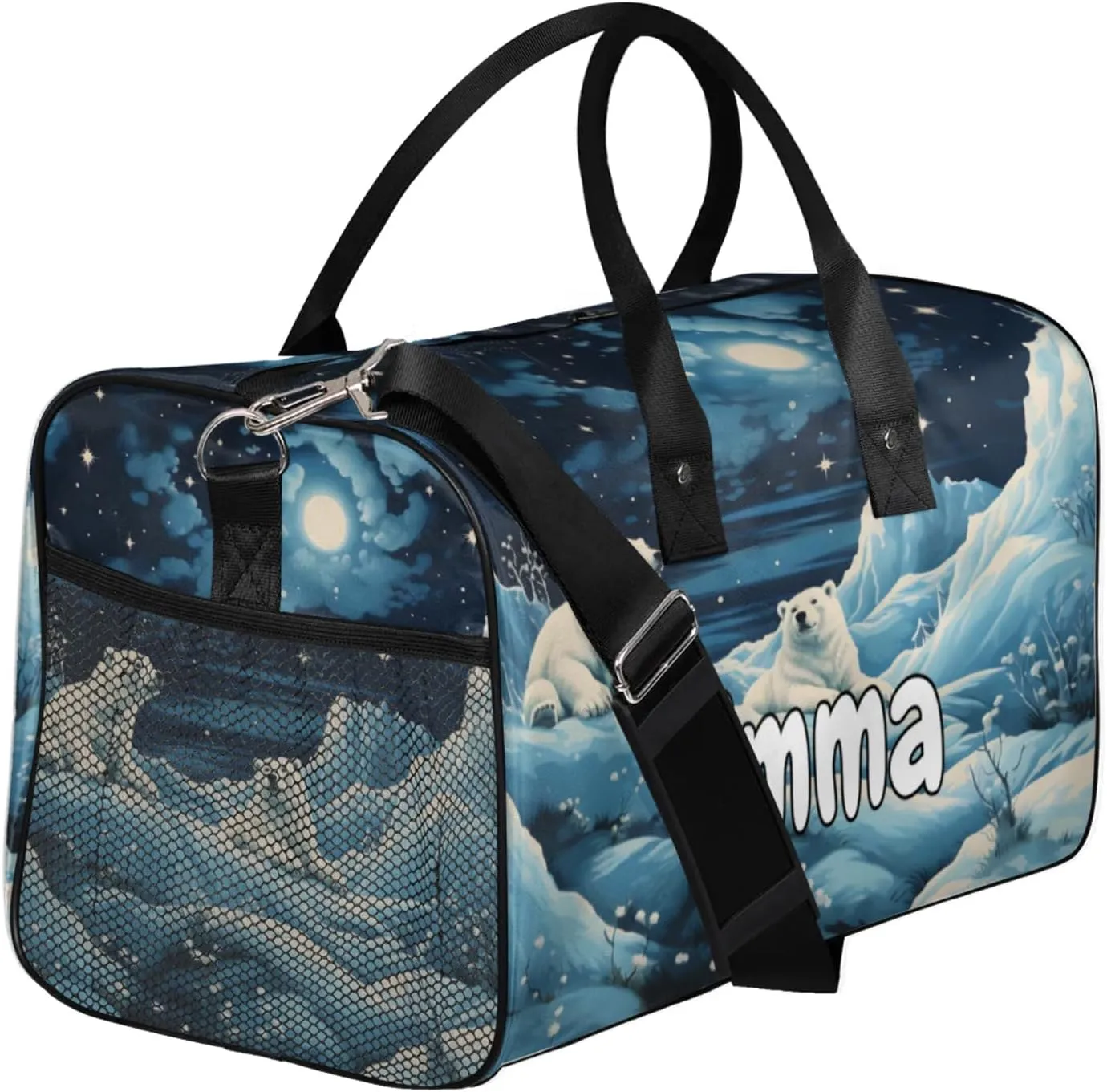 Personalized Winter Bear Travel Duffel Bag with Name, Custom Gym Sport Bag Wildlife Animals Carry On Weekend Overnight Duffel Bag for Men Women