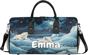 Personalized Winter Bear Travel Duffel Bag with Name, Custom Gym Sport Bag Wildlife Animals Carry On Weekend Overnight Duffel Bag for Men Women